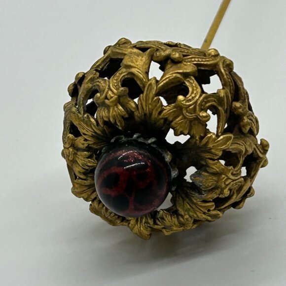 Antique Edwardian Hat Pin Gilded Brass Filigree Red Cabochon 1900s 9" READ - Picture 14 of 16